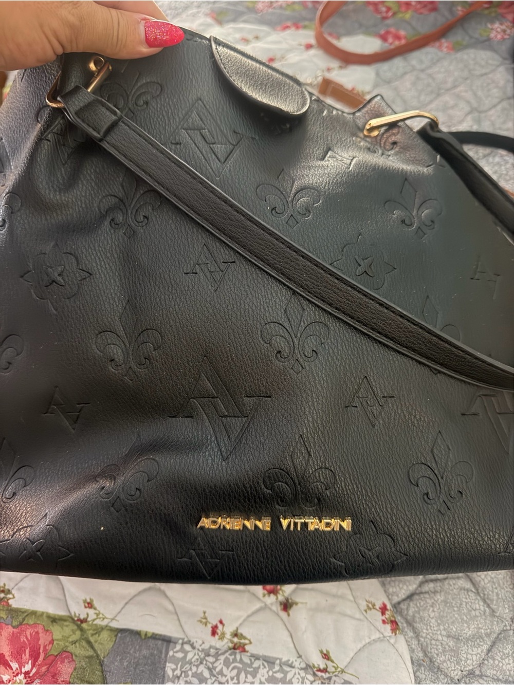 Adrienne Vittadini Black Embossed Leather Shoulder Bag with Gold Hardware